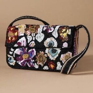Anthropologie Black Floral Embellished Shoulder Bag